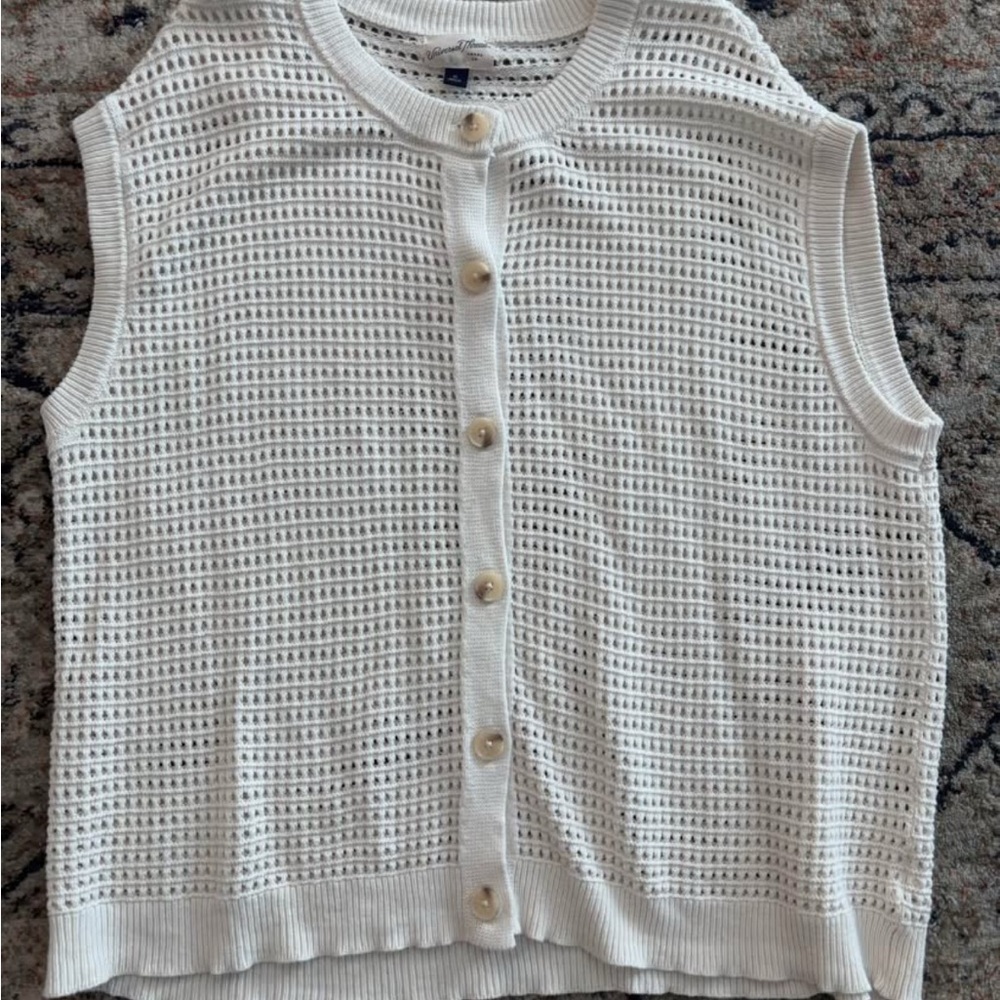White Sleeveless Knit Button-Up Sweater